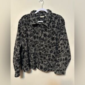LL Bean Sweater Women XL Gray Fleece Cardigan‎ Floral Button Up 90s Vintage